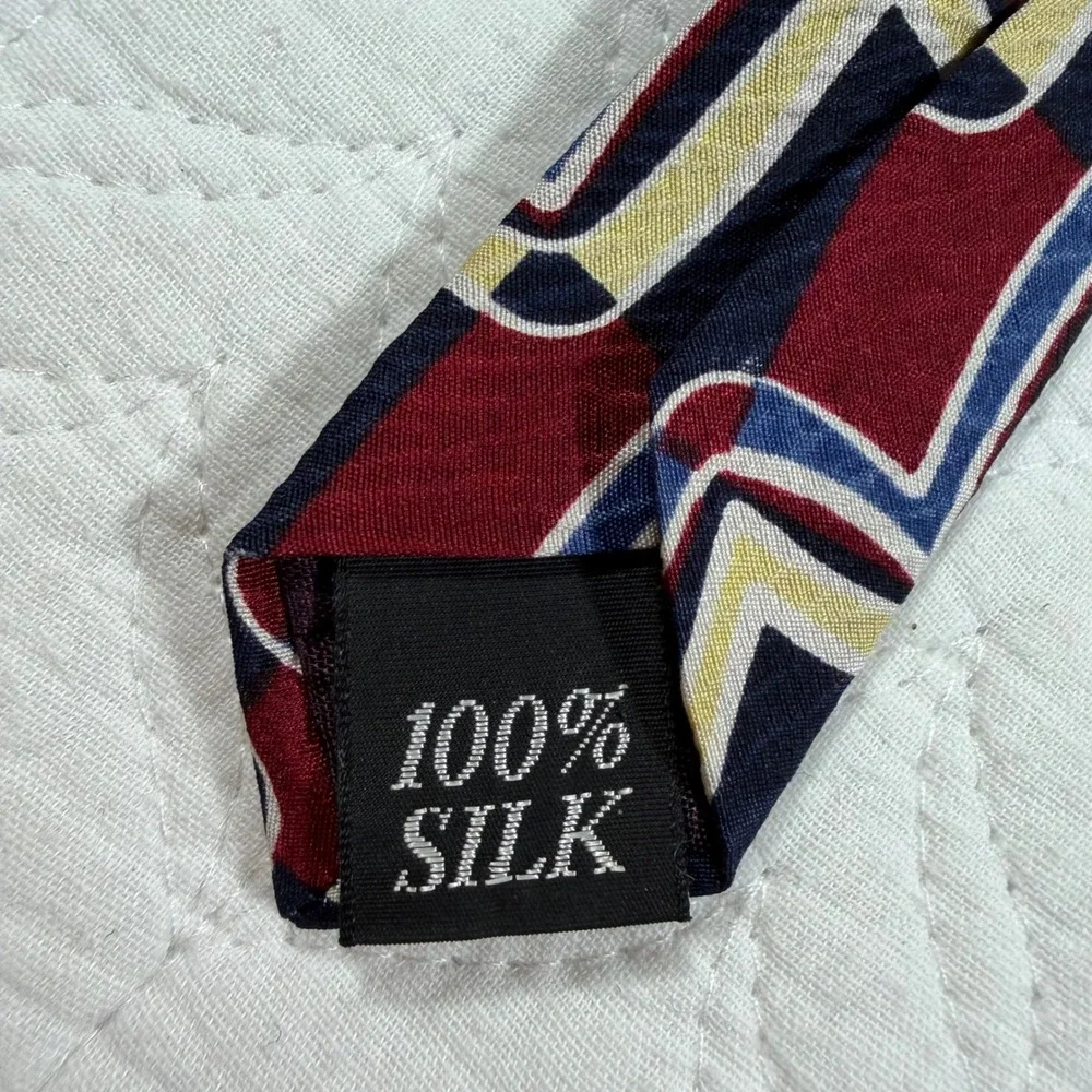 Vintage Oscar de la Renta Men's 100% Silk Tie Geometric Burgundy Navy Yellow USA